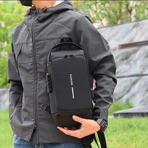 New Black Men's Crossbody Bag - P.W. Lock and Data Cable Entry Spot
